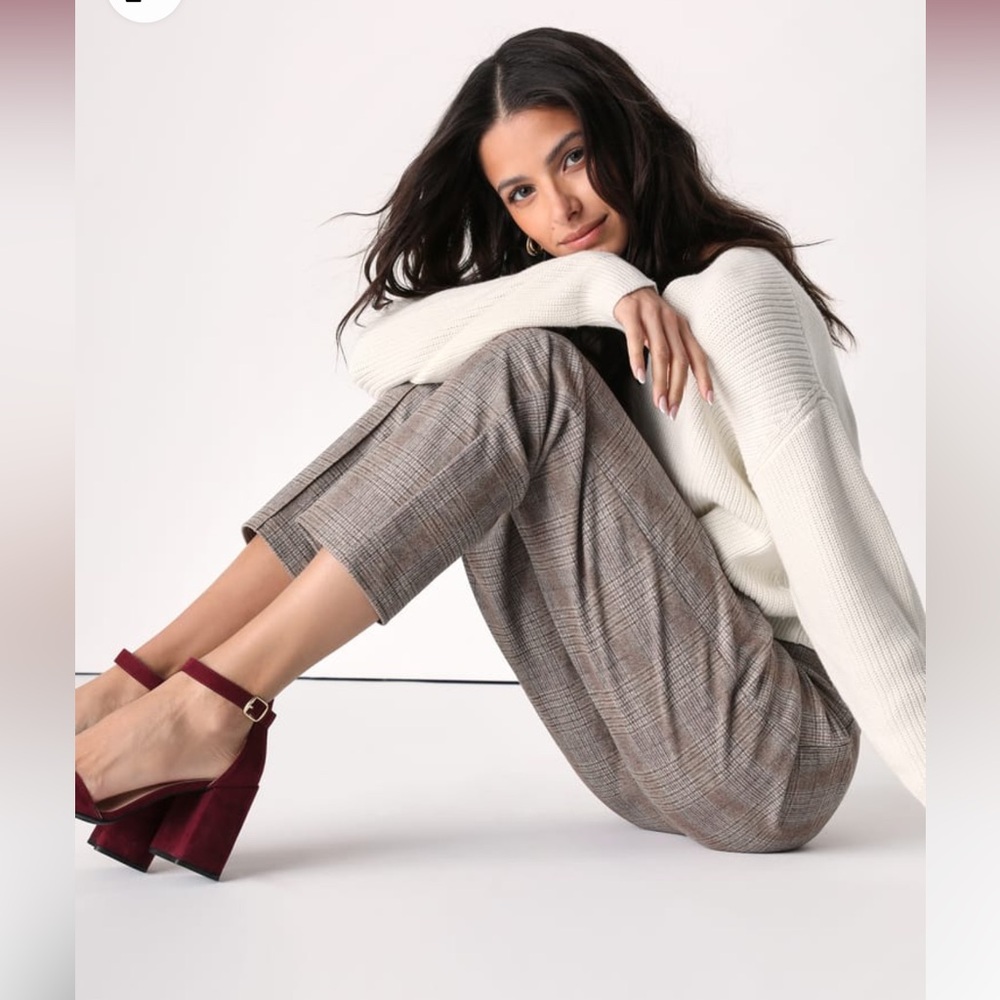 Lulus Plaid Attitude Taupe Plaid Slim Fit High Waisted Pants